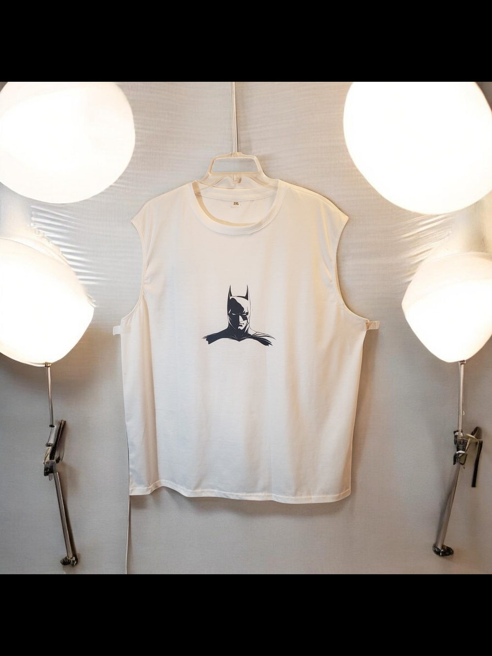 Mens white sleeveless tee with Batman graphic gront/back. New